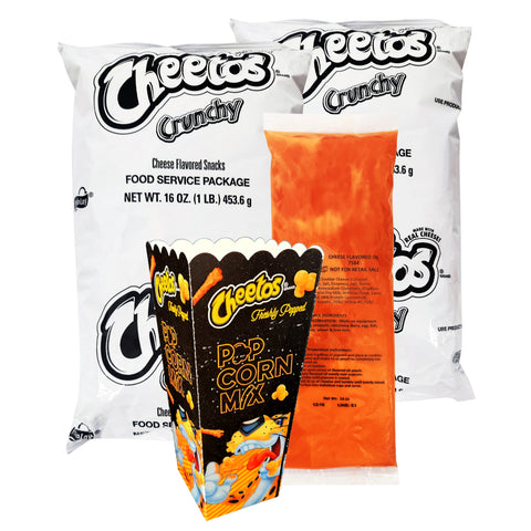 Two bags of cheetos crunchy pieces, a cheetos popcorn scoop box and a bag of cheese flavored oil.