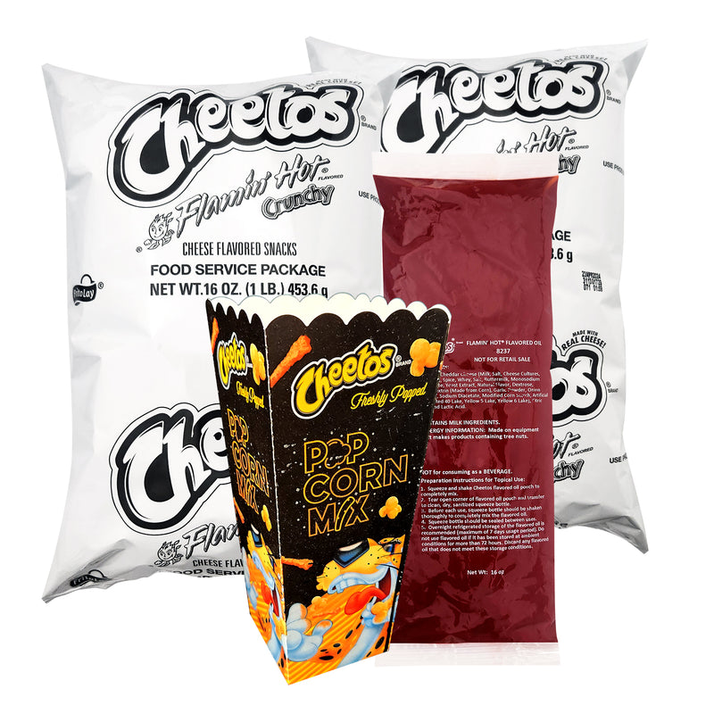 Two bags of cheetos flamin hot crunchy pieces, a cheetos popcorn box, and a bag of flamin hot flavored oil.