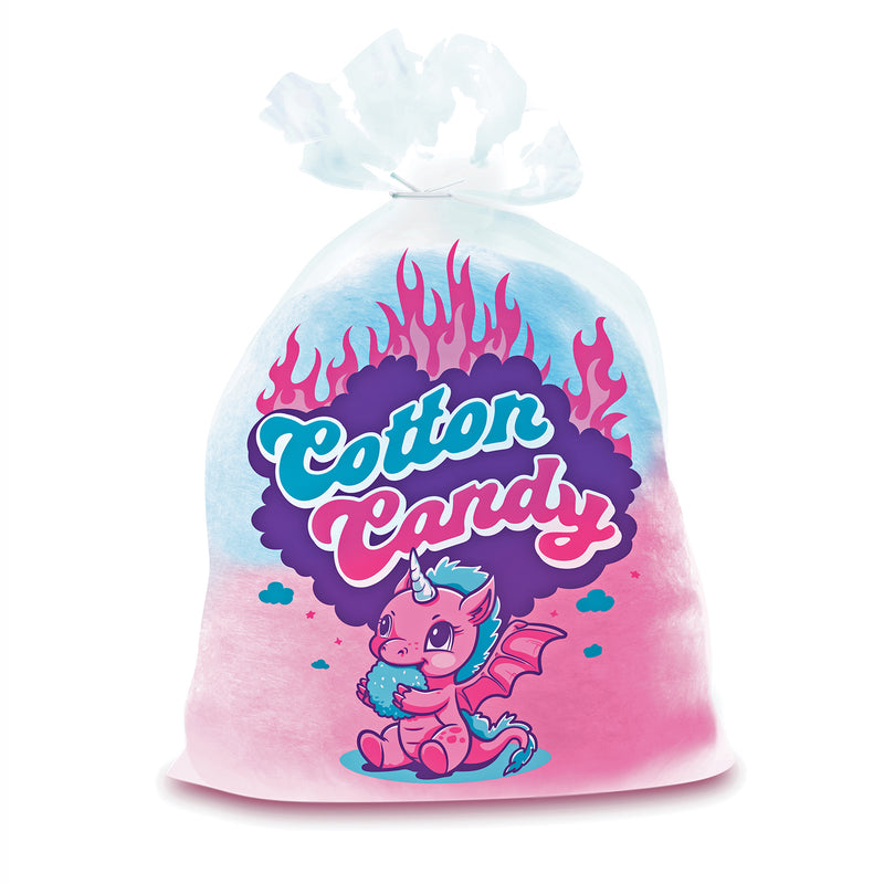 Clear cotton candy bag with a unicorn baby dragon design on the front and pink and blue cotton candy in the bag.