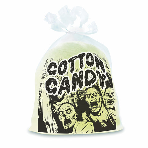 Clear cotton candy bag with a zombie design on the front and green cotton candy in the bag.