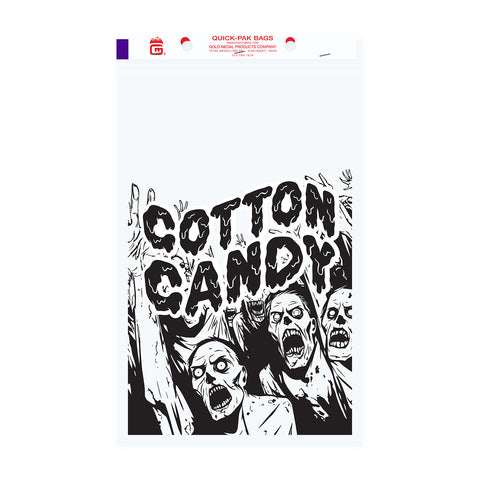 Zombie cotton candy bags attached to the cardboard header.