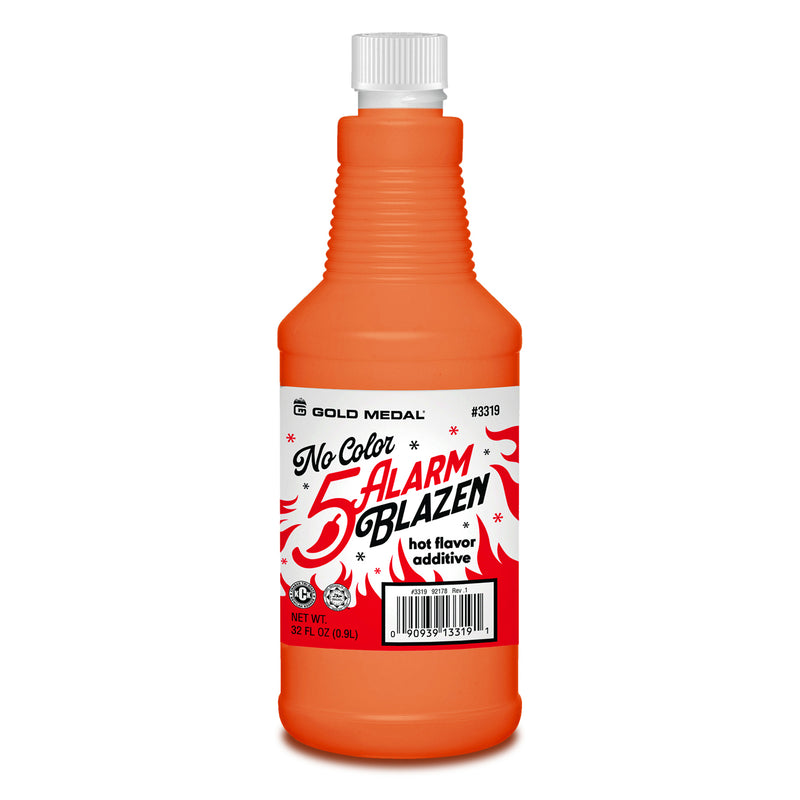 A single bottle of Gold medals no color 5 Alarm Blazen flavor additive isolated on a white background.