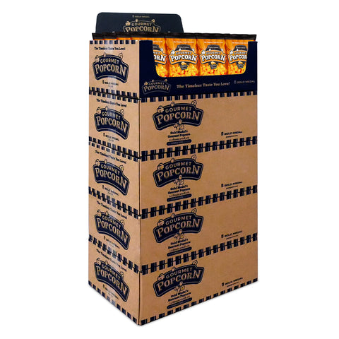 5 cases of Cheddar Cheese gourmet popcorn stacked into a display, top case open