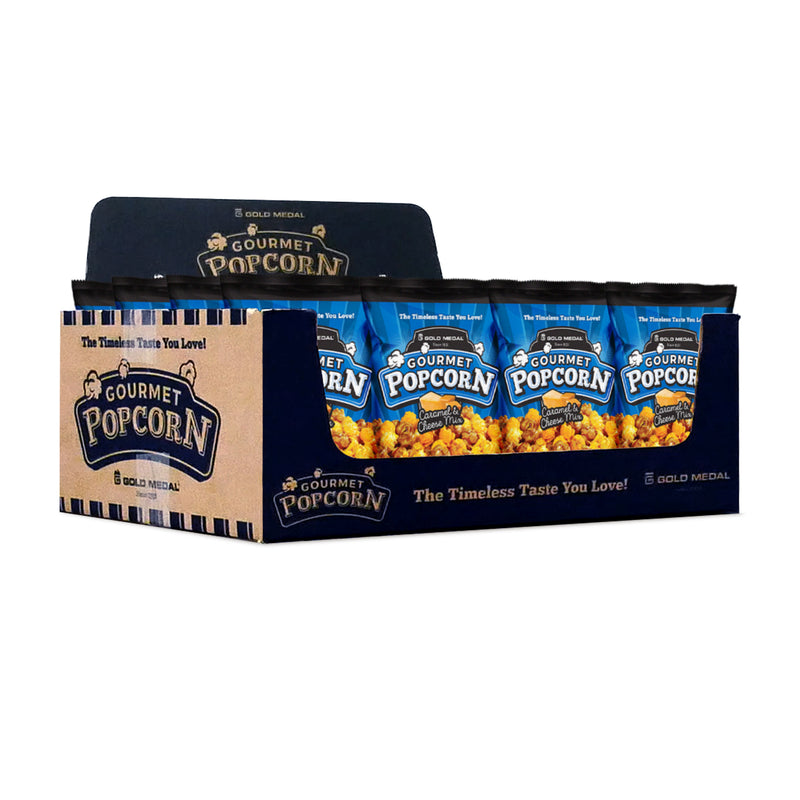 bags of Caramel and Cheese Mix gourmet popcorn displayed in merchandiser