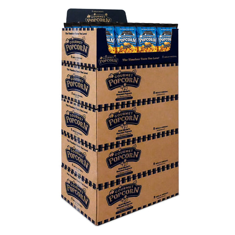 5 cases of Caramel & Cheese Mix gourmet popcorn stacked into a display, top case open