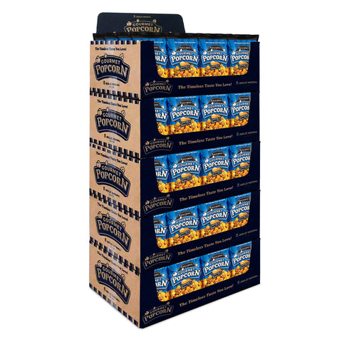 5 cases of Caramel & Cheese Mix gourmet popcorn stacked into a display