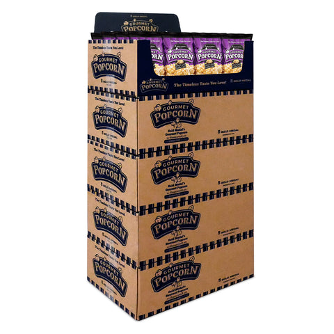 5 cases of Kettle Corn gourmet popcorn stacked into a display