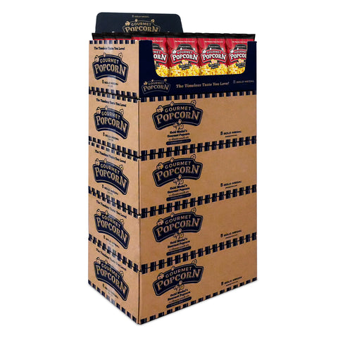 5 cases of Movie Theater Popcorn gourmet popcorn stacked into a display, top case open