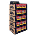 5 cases of Movie Theater Popcorn gourmet popcorn stacked into a display