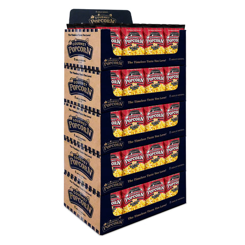 5 cases of Movie Theater Popcorn gourmet popcorn stacked into a display