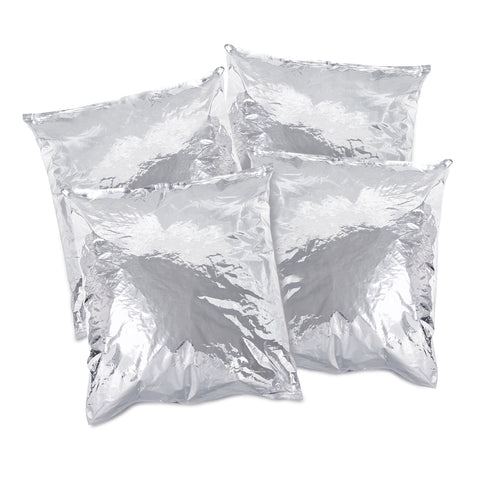 Pictured 4 Silver Mylar bags filled with Old Fashioned Caramel Corn Popcorn isolated on a white background.