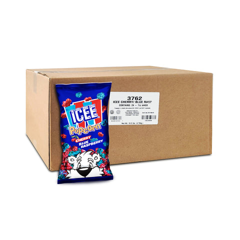 A brown box case of Icee Popcorn and an individual bag of the popcorn leaning against the case.