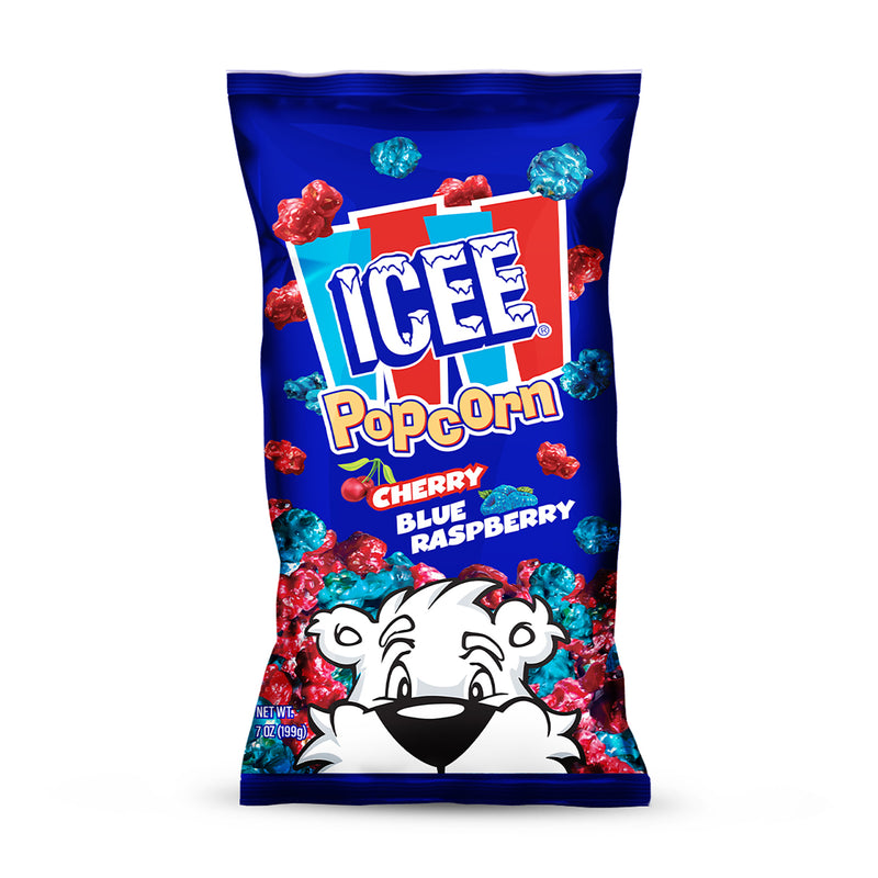 Icee cherry and blue raspberry flavored candy coated popcorn in mylar packaged bag with Icee logo and Icee bear.