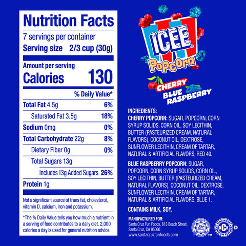 Nutritional information for the Icee Popcorn Cherry and Blueraspberry flavor