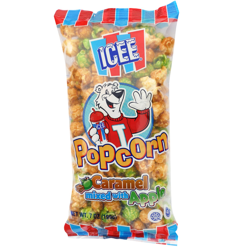 Icee caramel and green apple flavored candy coated popcorn in clear packaged bag with Icee logo and Icee bear.