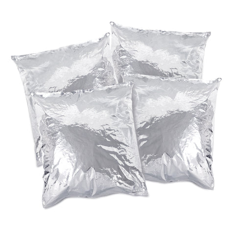 Four square silver mylar bags filled with popcorn, arranged overlapping on a plain white background.