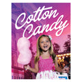 Smiling young girl holding a large pink cotton candy at a fair with a colorful pink and purple background that says Cotton Candy.