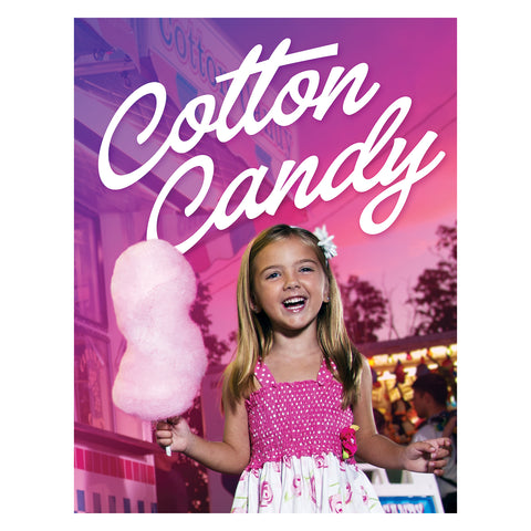 Smiling young girl holding a large pink cotton candy at a fair with a colorful pink and purple background that says Cotton Candy.