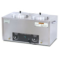 Stainless steel dual caramel apple dip warmer with two round lidded heating wells and front temperature control knobs.