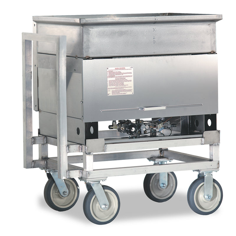Small gas-powered fryer on metal cart with four wheels and handle to push.