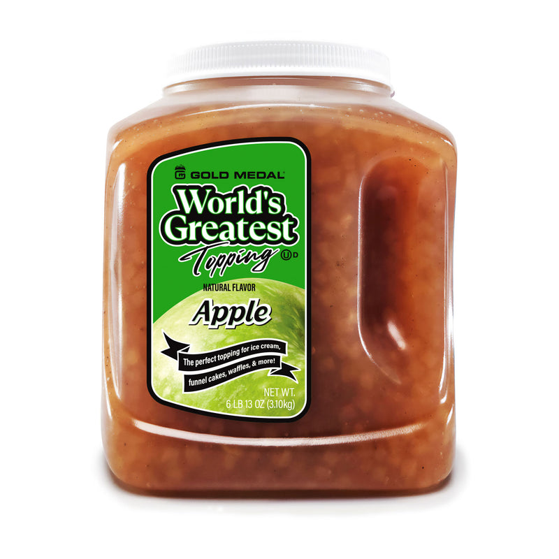 Plastic container with a label with a green apple and the text World's Greatest Topping Natural Apple Flavor on it.