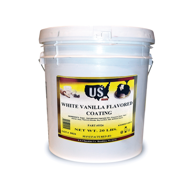 white bucket with yellow label on front of it that reads white vanilla flavored coating isolated on a white background.