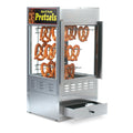 Sterno pretzel cabinet with four metal corner posts, plexi-glass sides, rack insert with wire arms loaded with hanging pretzels, drawer on front of machine open with sterno canisters with supplied Hot & Fresh Pretzels decal applied on top-side