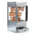 Sterno pretzel cabinet with four metal corner posts, plexi-glass sides, rack insert with wire arms loaded with hanging pretzels, drawer on front of machine open with sterno canisters