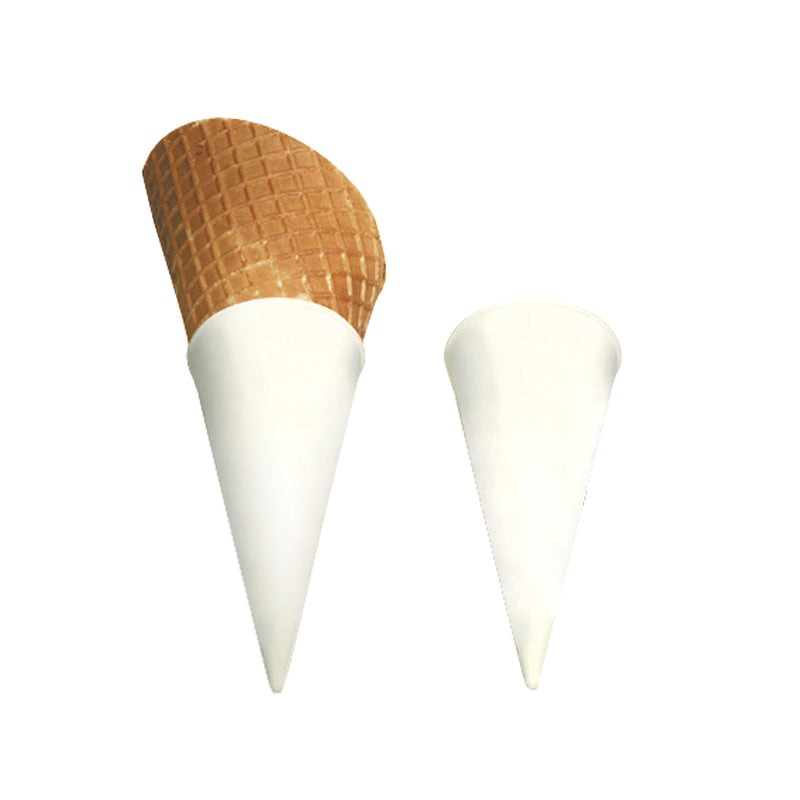 Brown waffle cone inside a white cone holder. An empty waffle cone holder is beside it.
