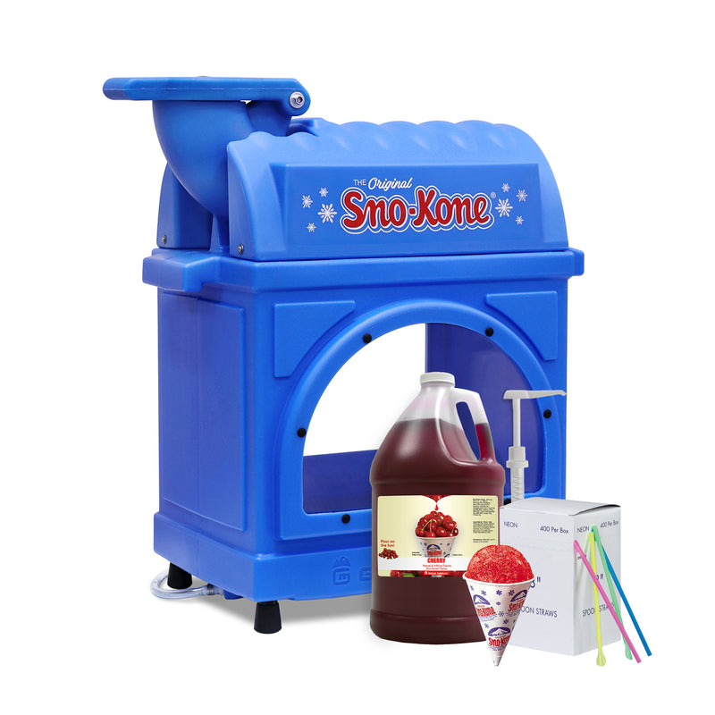 Blue snow cone machine, gallon jug of cherry snow cone syrup, syrup pump, multi-color spoons straws, and a snow cone cup.