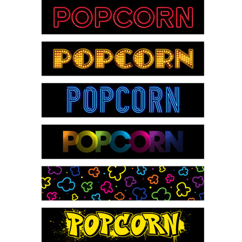 Six interchangeable popcorn signs with varying art and colors