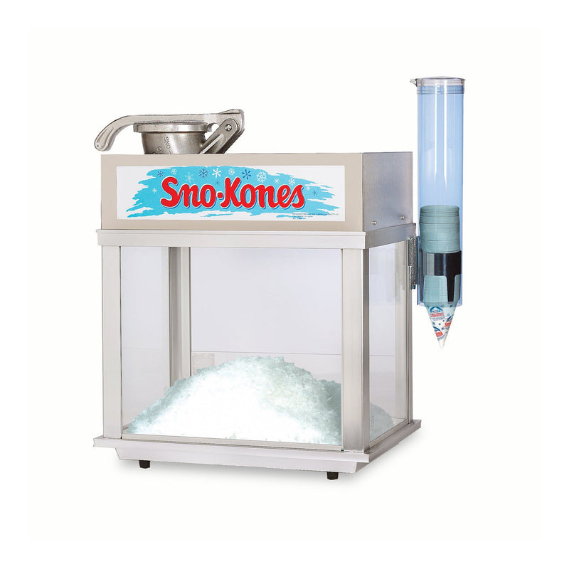 aluminum Sno-Kone machine cabinet with tempered glass, stainless steel dome, and cone dispenser
