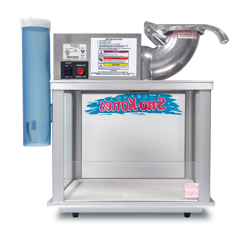 back view of aluminum Sno-Kone machine cabinet with tempered glass, stainless steel dome and motor cover, and cone dispenser