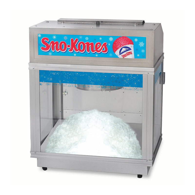 Front view of cast-aluminum Sno-Kone machine with huge ice hopper and illuminated sign