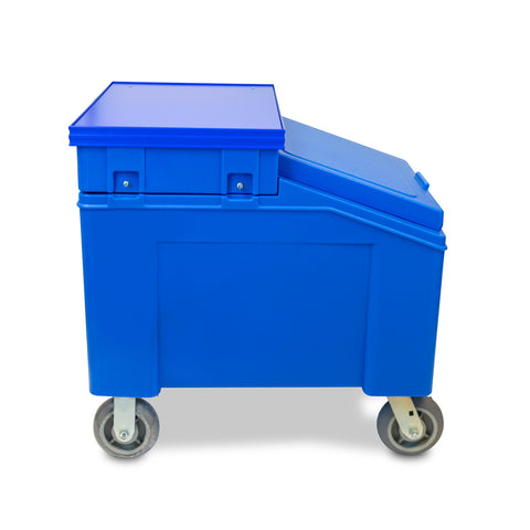 left side view of the blue insulated ice chest