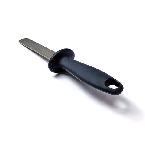 angled view of double side diamond file blade sharpener with rubberized handle