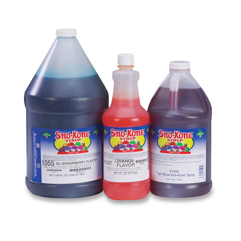 Assorted jugs of Sno-Kone syrups in multiple sizes and flavors. Not all flavors shown.
