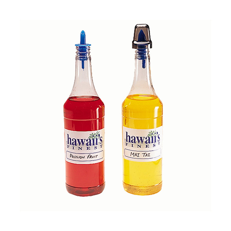 Clear bottles with Hawaii's Finest labels, pour spouts, and dust cover hoods