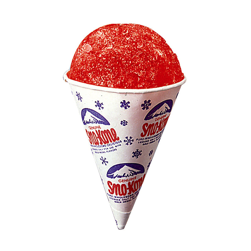 Up-close image of red Sno-Kone inside of Sno-Kone cup made from dry wax paper.