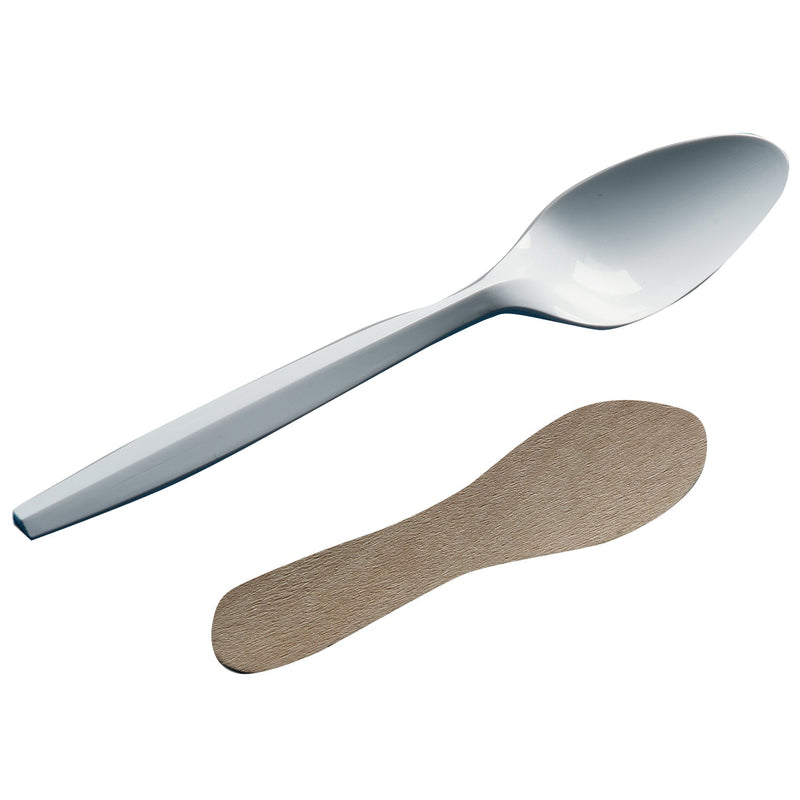 Plastic spoon next to flat wooden spoon.