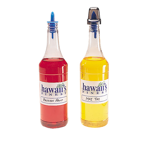 Clear bottles with Hawaii's Finest labels, pour spouts, and dust cover hoods