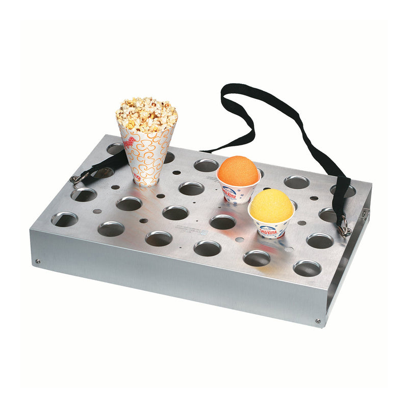 aluminum serving tray with  24 circular cutouts for placing popcorn cones or Sno-Kones. Includes strap, handle, and drip/drain tray.