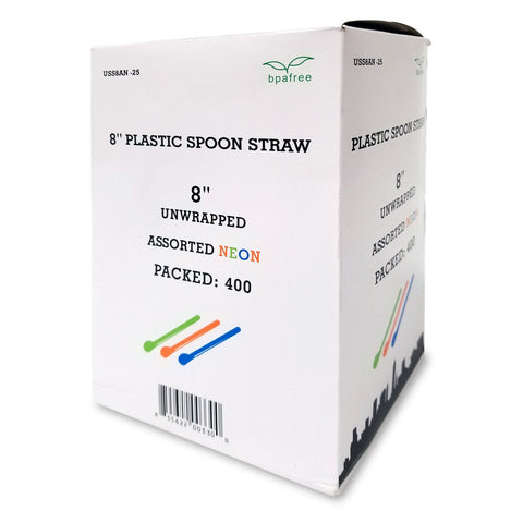 white cardboard box labeled 8-inch plastic Spoon Straw