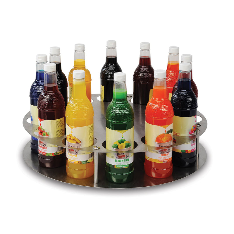 circular metallic serving station holds 12 25-oz bottles of syrup