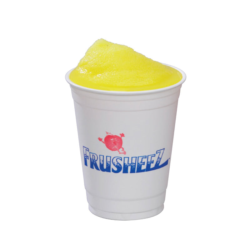 white plastic cup with Frusheez logo