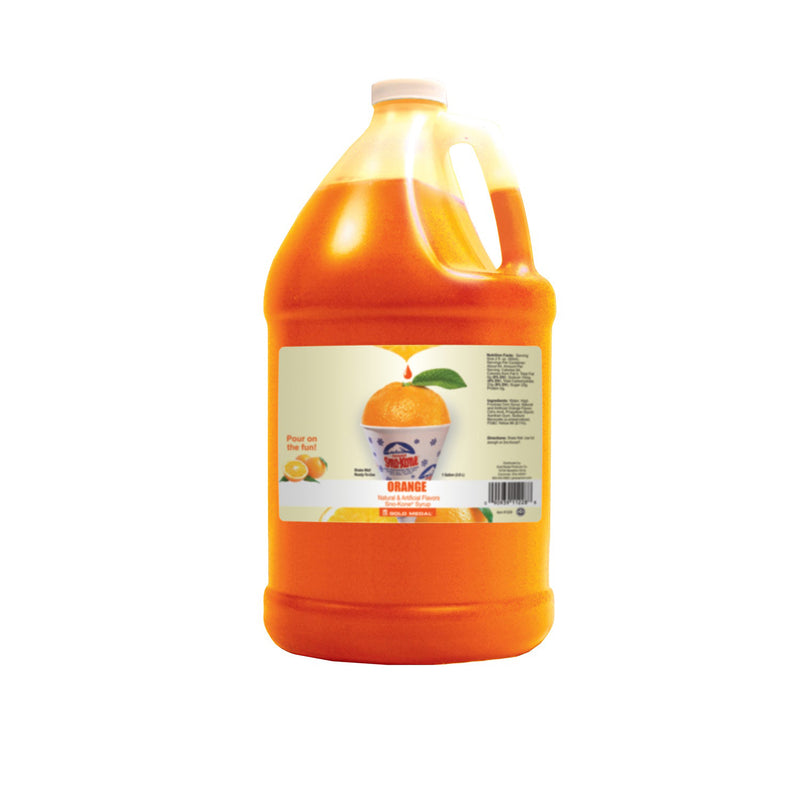 one gallon jug of orange Sno-Kone syrup