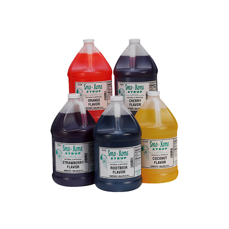 Multiple flavors of gallon-sized Sno-Kone syrups. Not all flavors available shown.
