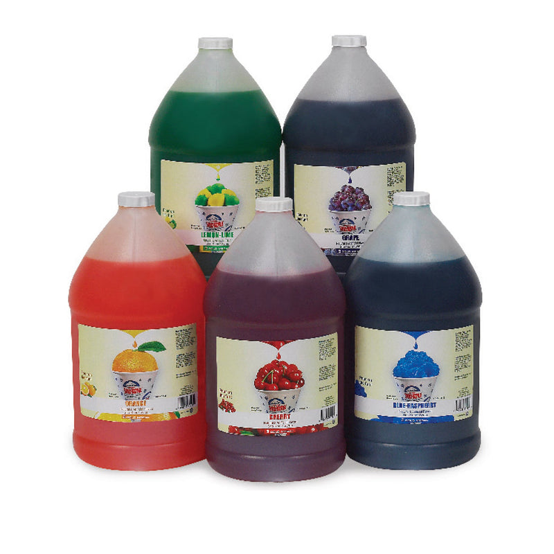 Multiple flavors of gallon-sized Sno-Kone syrups. Not all flavors available shown.