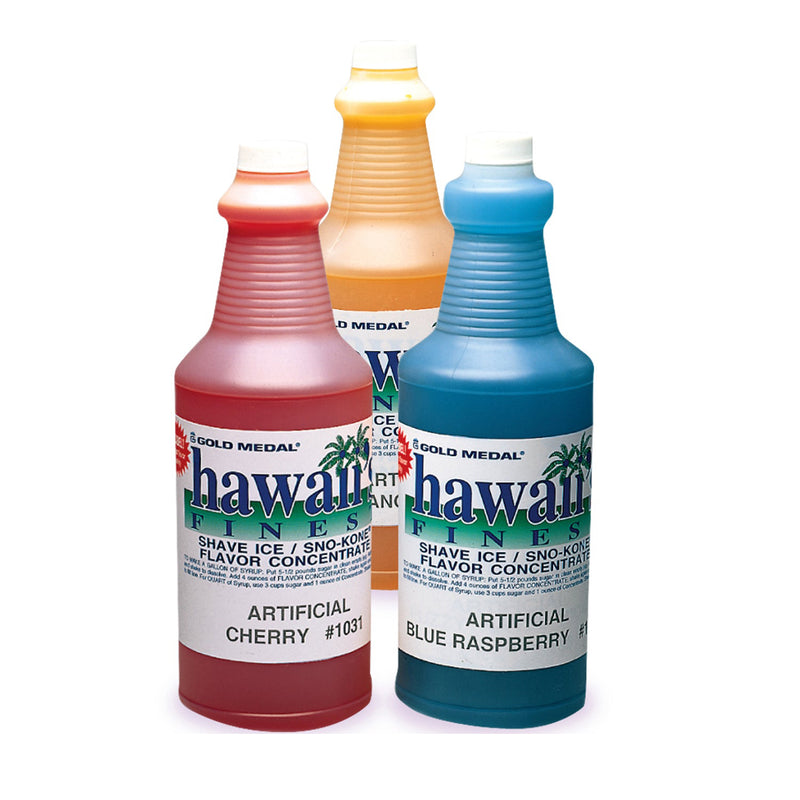 Bottles of snow cone and shave ice syrups. Not all flavors shown.