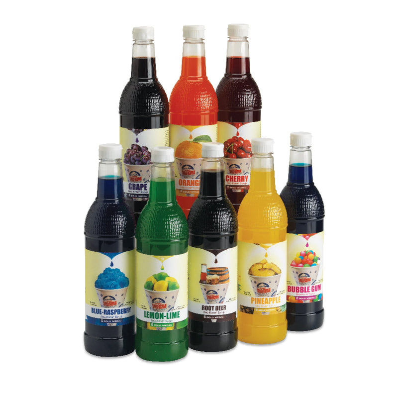Assorted flavors of 25-ounce bottles of Sno-Kone syrup. Not all flavors shown.